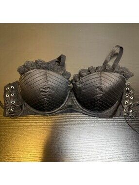 H&M 36C Black Satin Lace-Up Corset Push-Up Bra